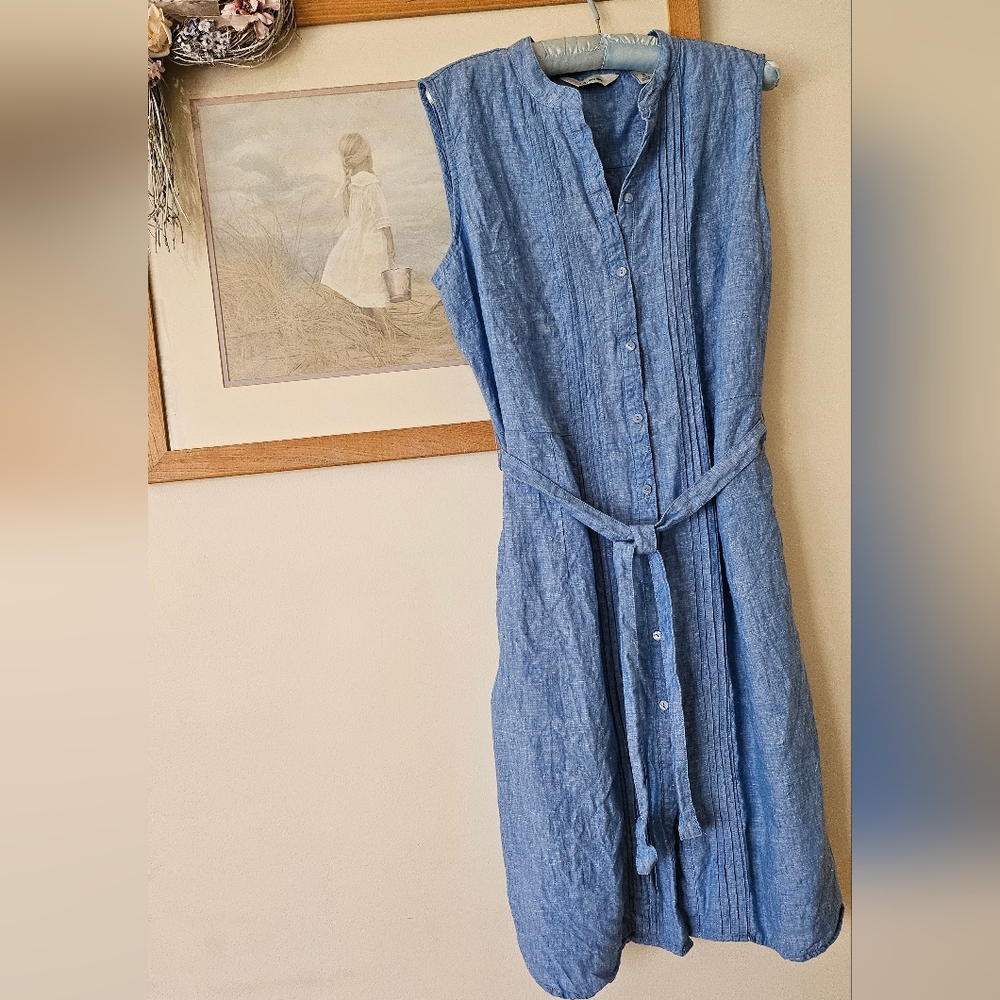 NWOT  L.L. Bean Blue Sleeveless Midi Dress with Tie Front